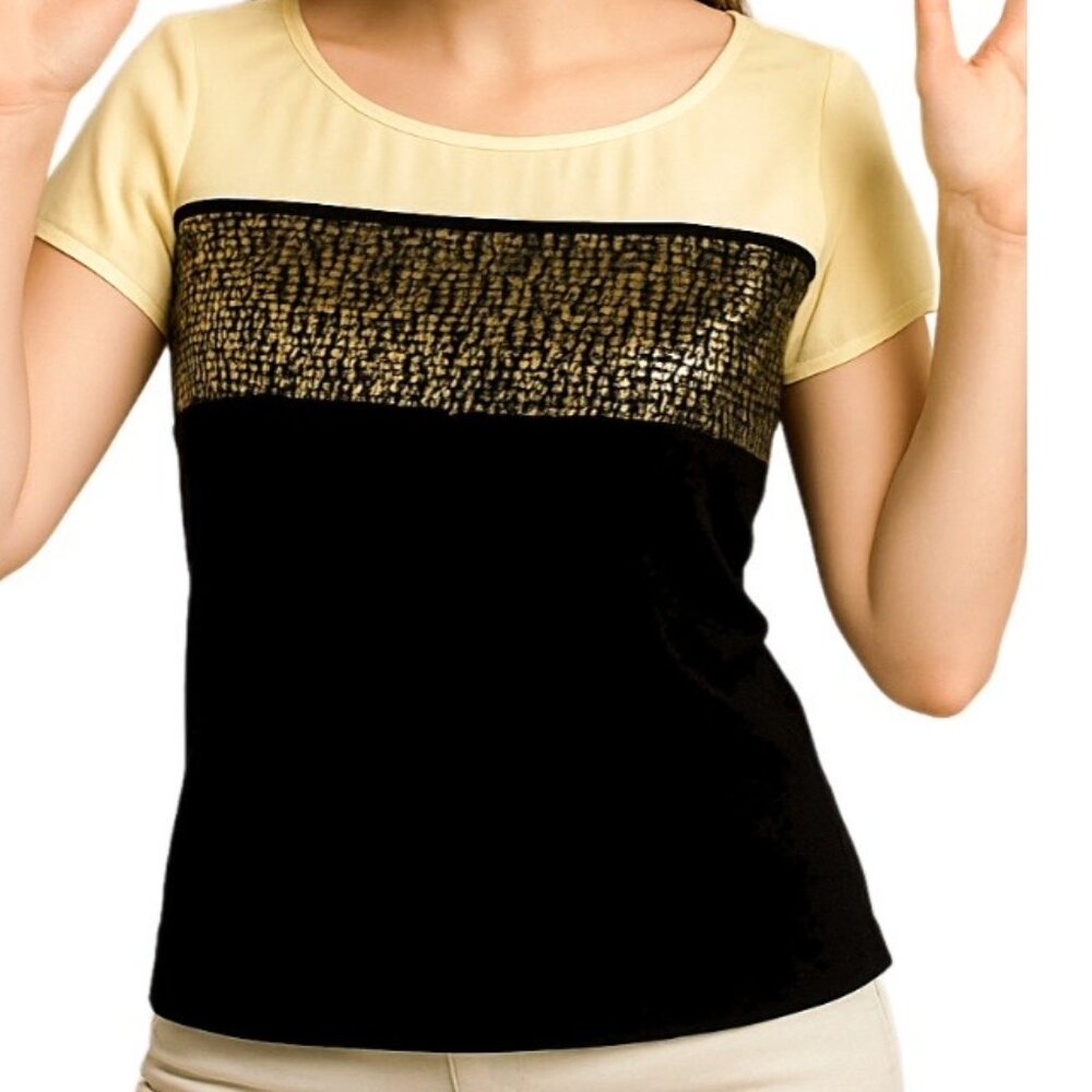 Next with Love Black Gold Sequin Blouse Festive Short Sleeve Top Medium